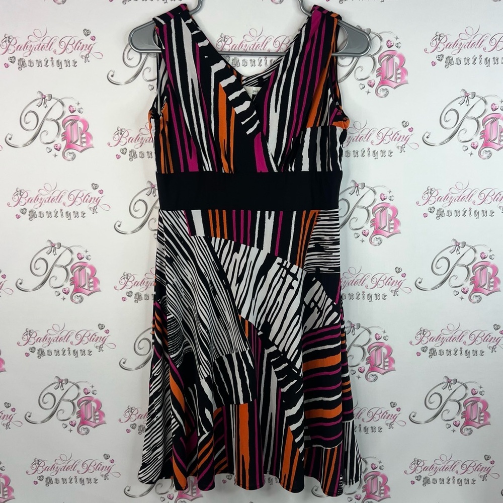Cleo dress striped flowy Asymmetrical Dress in Black, White, Pink, and Orange
